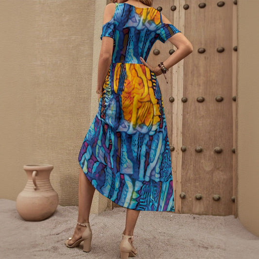 “Oceanic”  Women's V-neck Off-shoulder Dress