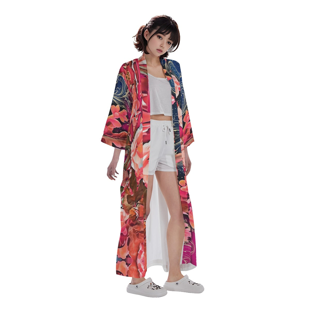 “Celestial Bloom” Women's Long Satin Kimono Robe