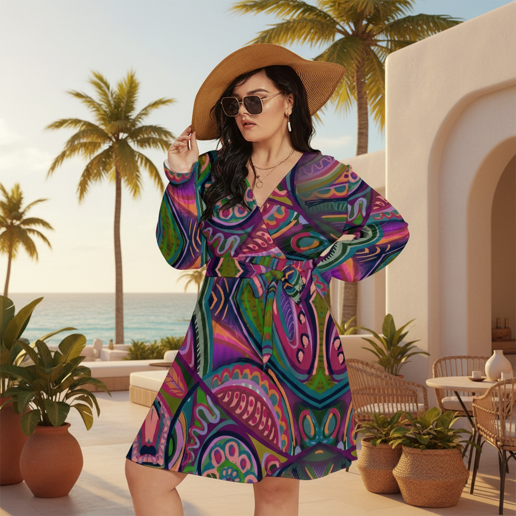 “Colour Burst”  Women's V-neck Dress With Waistband(Plus Size)