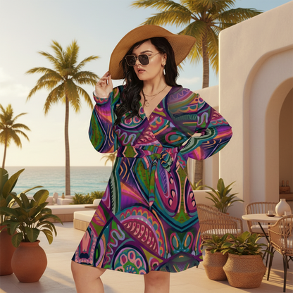 “Colour Burst”  Women's V-neck Dress With Waistband(Plus Size)