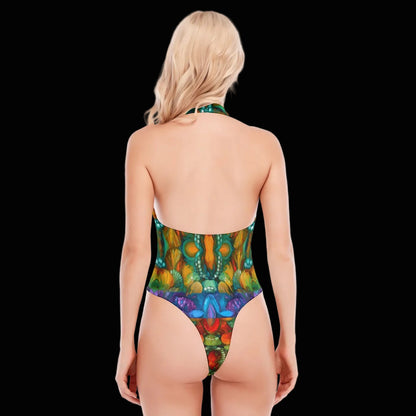 “Kaleidoscopic Spectrum” Women's Backless V-neck Skinny Bodysuit