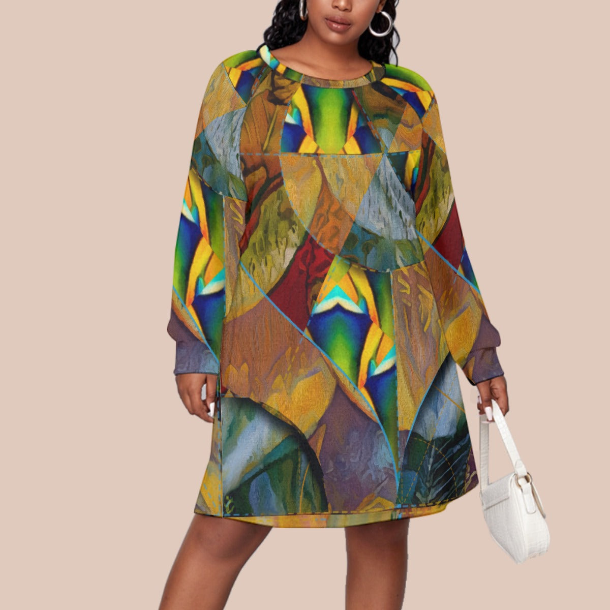 “Earthen Tessellation” Women's Dress With Raglan Sleeve(Plus Size)