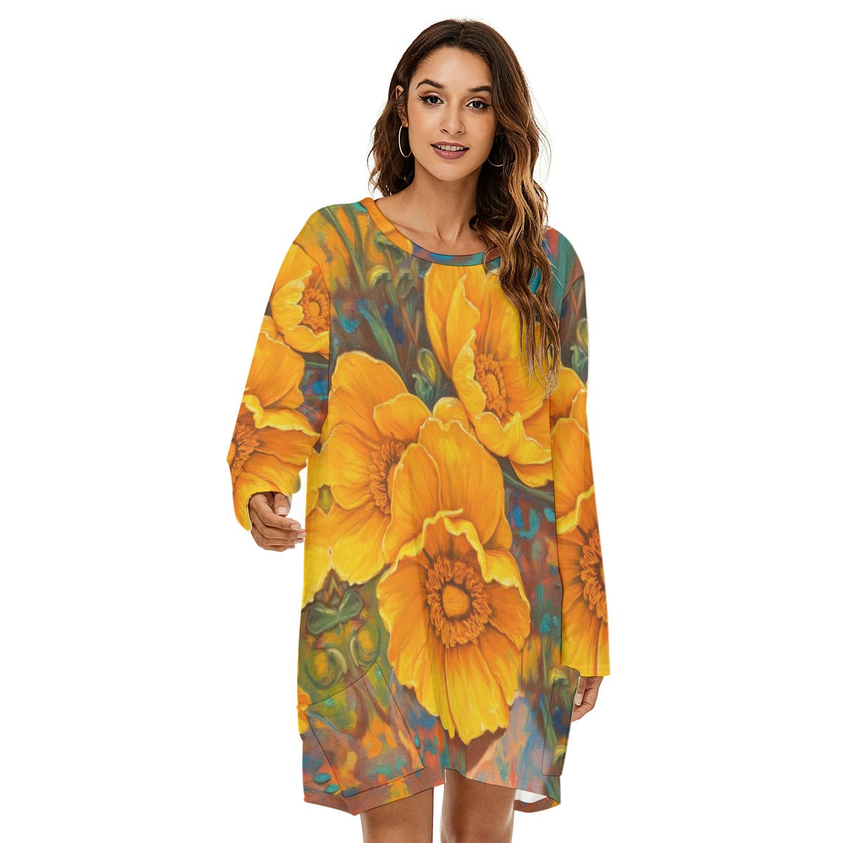 “Golden Cascade” Women's Loose Crew Neck Dress