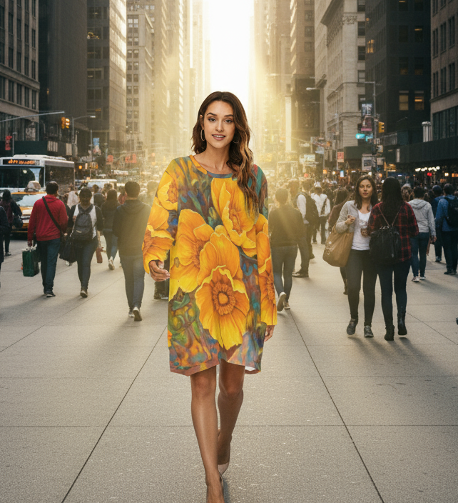 “Golden Cascade” Women's Loose Crew Neck Dress