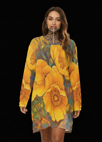 “Golden Cascade” Women's Loose Crew Neck Dress