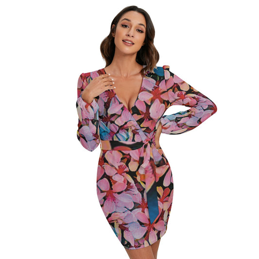 “Pink India Hawthorn” Women's Long Sleeve Dress With Waist Belt