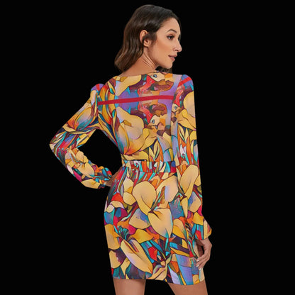 “Fragmented Bloom”  Women's Long Sleeve Dress With Waist Belt