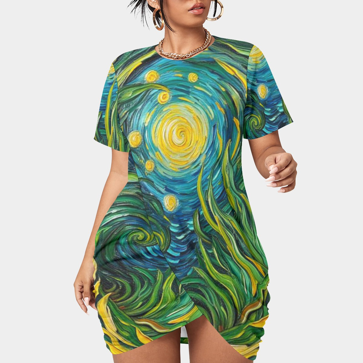 “Vincent Through the Seagrass” Women’s Stacked Hem Dress With Short Sleeve（Plus Size）