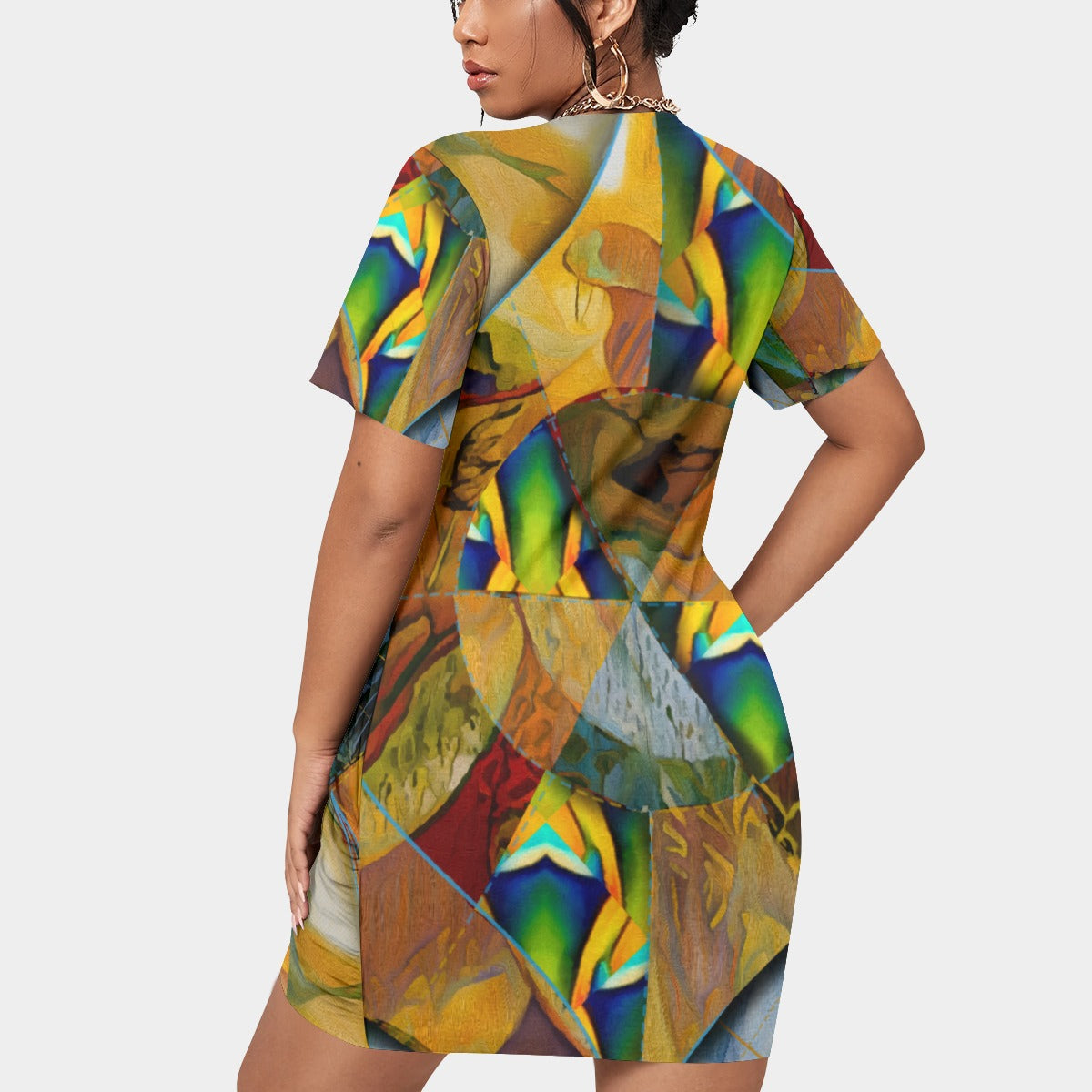 “Earthen Tessellation” Women’s Stacked Hem Dress With Short Sleeve（Plus Size）