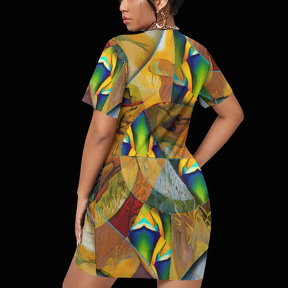 “Earthen Tessellation” Women’s Stacked Hem Dress With Short Sleeve（Plus Size）