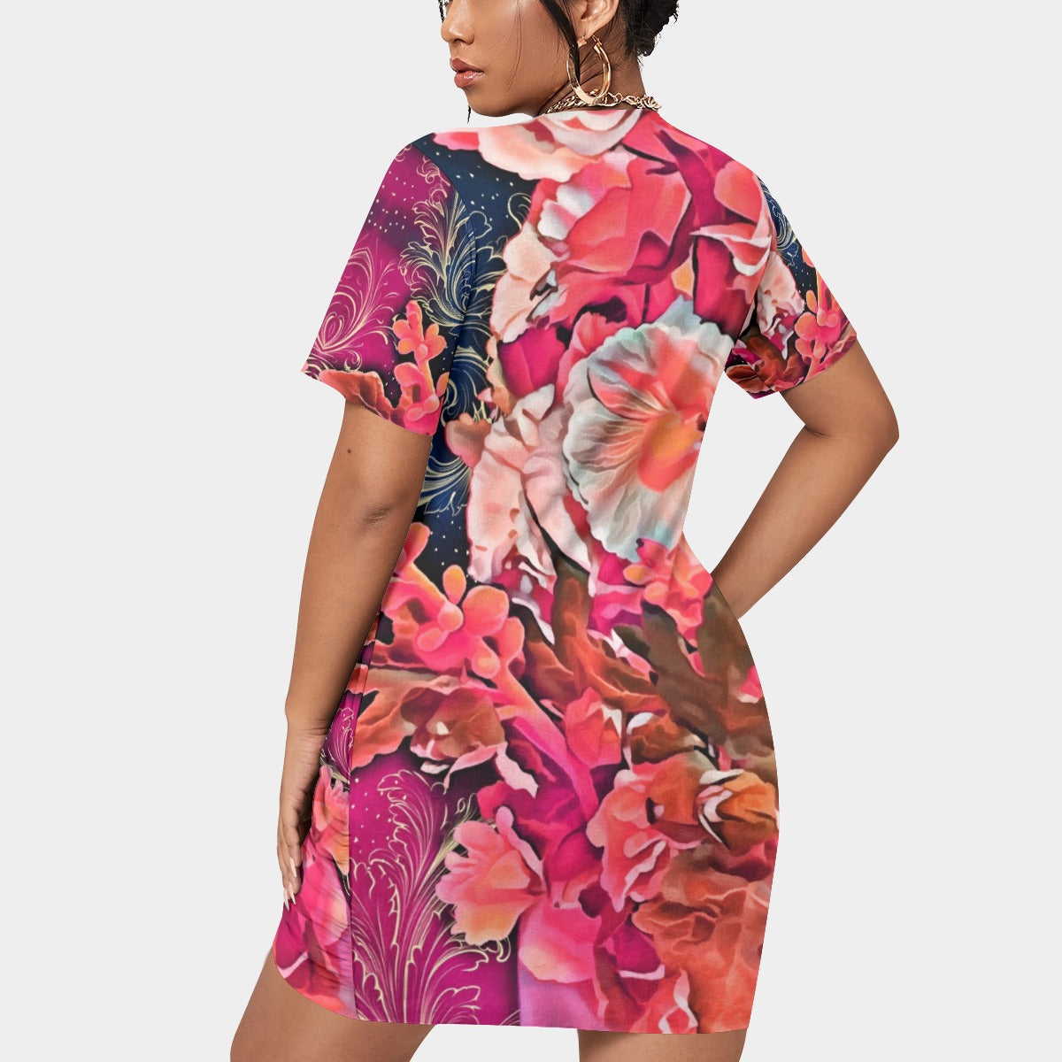 “Celestial Bloom” Women’s Stacked Hem Dress With Short Sleeve（Plus Size）