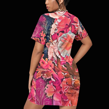 “Celestial Bloom” Women’s Stacked Hem Dress With Short Sleeve（Plus Size）