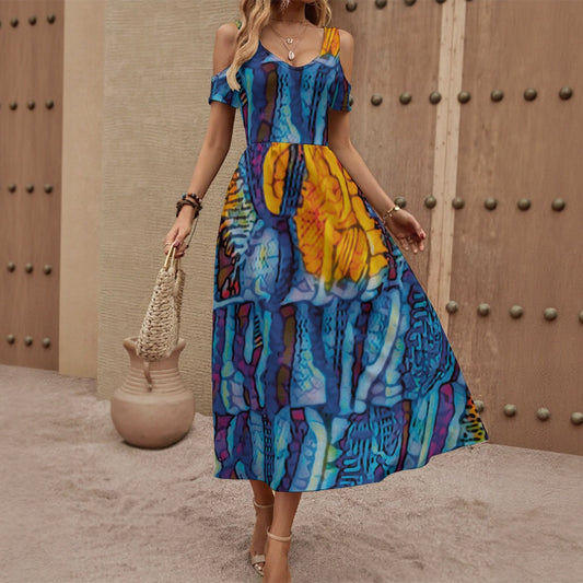 “Oceanic”  Women's V-neck Off-shoulder Dress