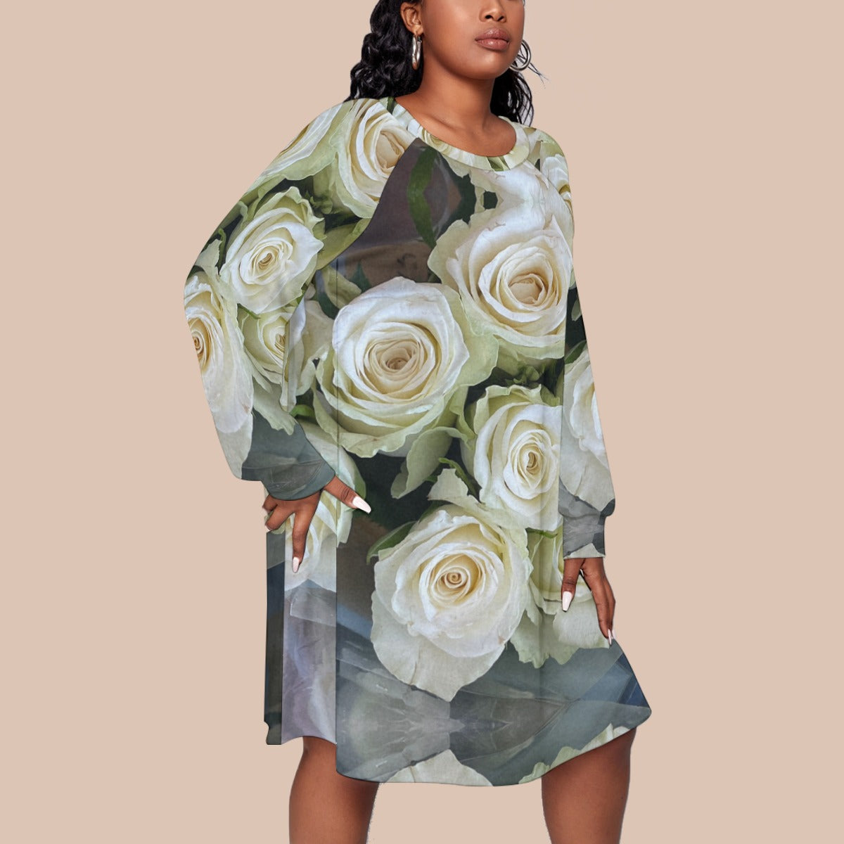 “White Roses” Women's Dress With Raglan Sleeve(Plus Size)