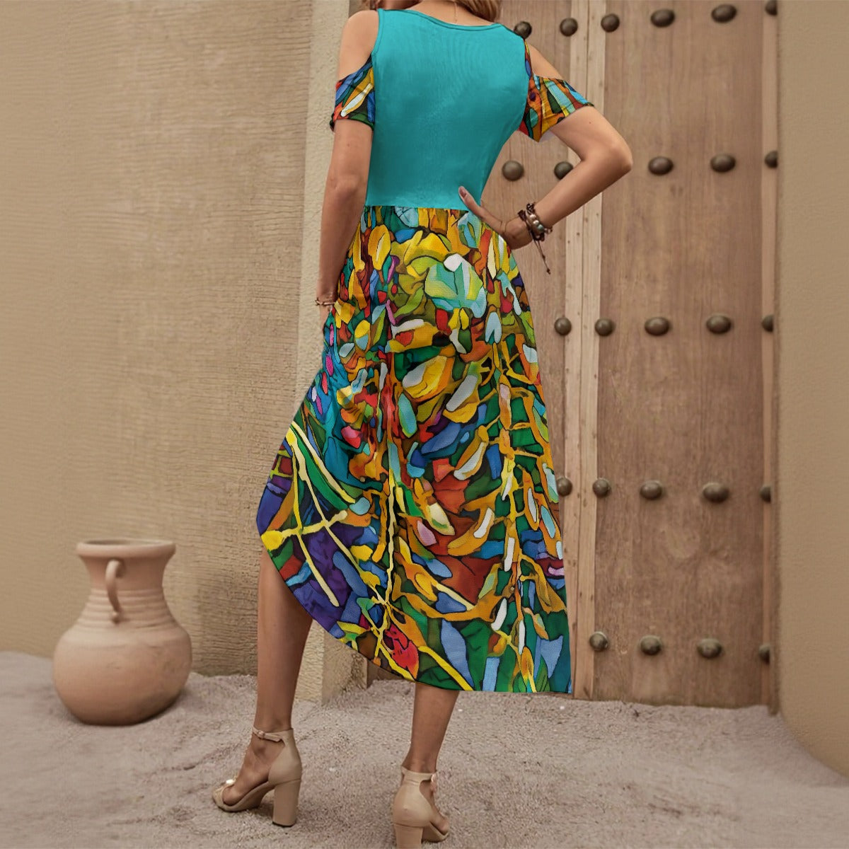 “Rainbow Wisteria”  Women's V-neck Off-shoulder Dress