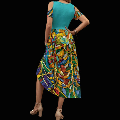 “Rainbow Wisteria”  Women's V-neck Off-shoulder Dress