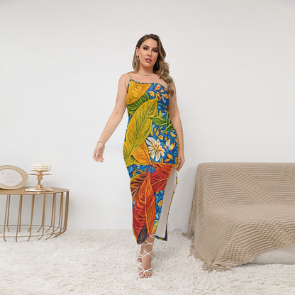 “Botanical Rhapsody” Women's Oblique-Shoulder Exposure Dress With Side Split