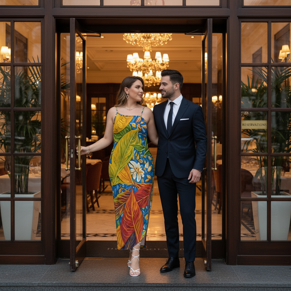 “Botanical Rhapsody” All-Over Print Women's Oblique-Shoulder Exposure Dress With Side Split