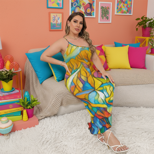 “Sunrise Stained Glass”  Oblique-Shoulder Exposure Dress With Side Split (Plus Size)