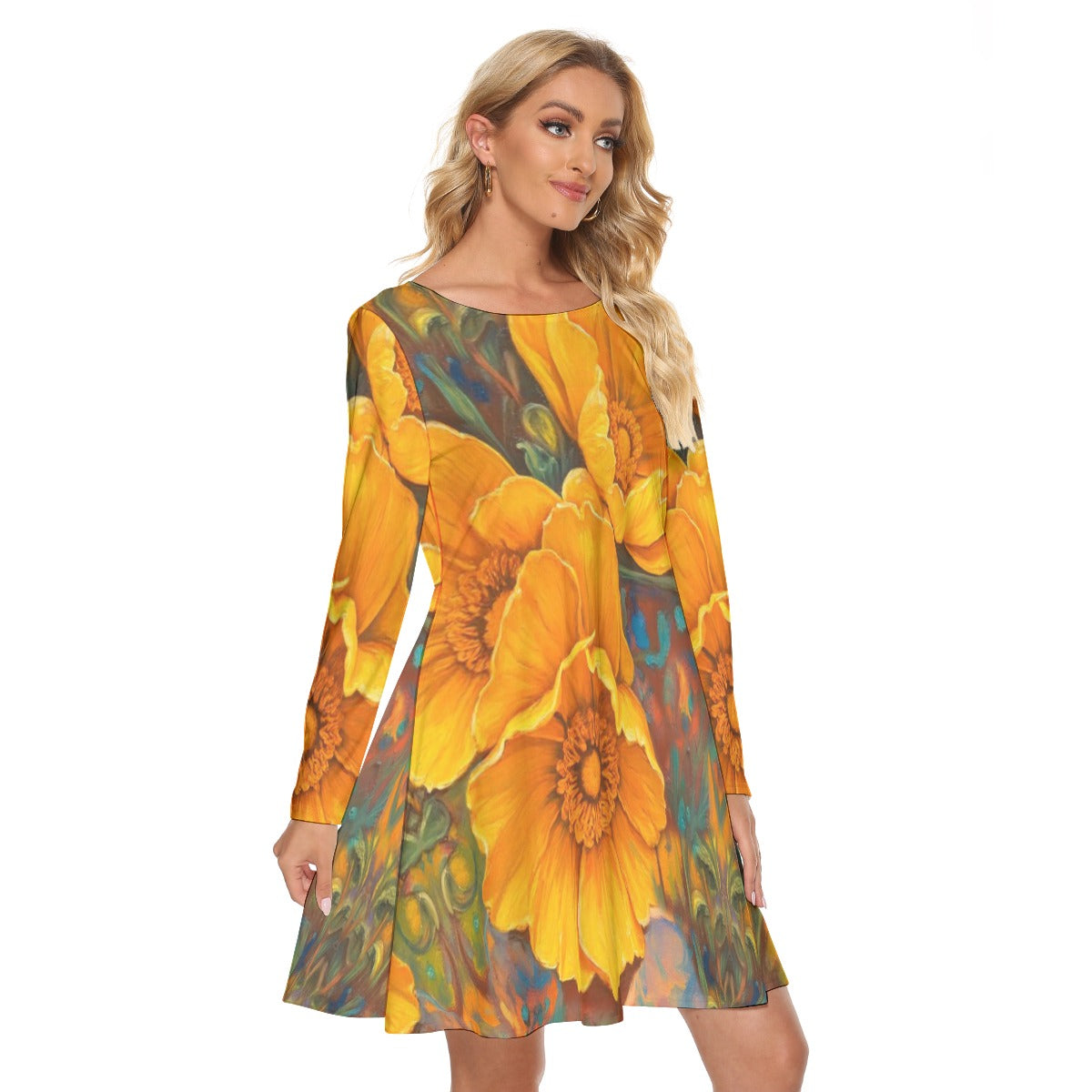 “Golden Cascade” Women's Crew Neck Dress