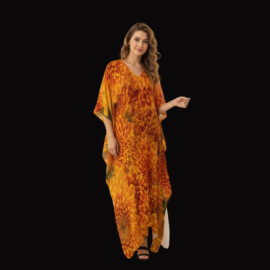 “Orange Chrysanthemum” Women's Imitation Silk V-neck Kaftan Robe