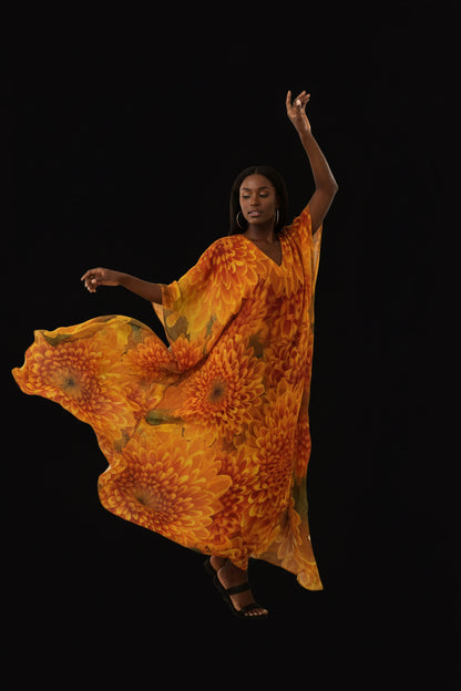 “Orange Chrysanthemum” Women's Imitation Silk V-neck Kaftan Robe