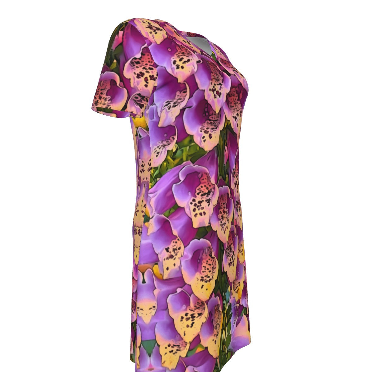 “Foxglove Cascade“ Women's V Neck Dress|180GSM Cotton