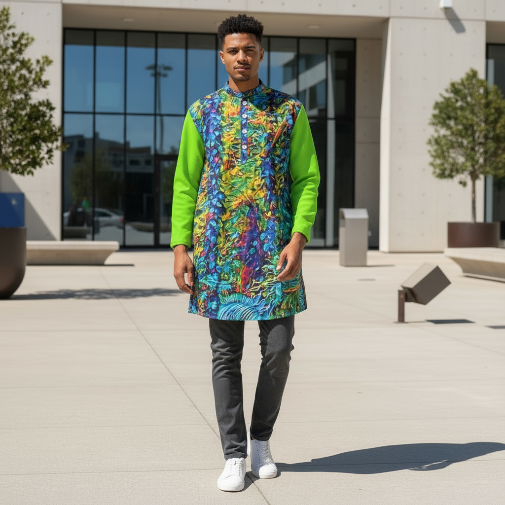 “Flouro Jungle” Men's Stand-up Collar Long Shirt