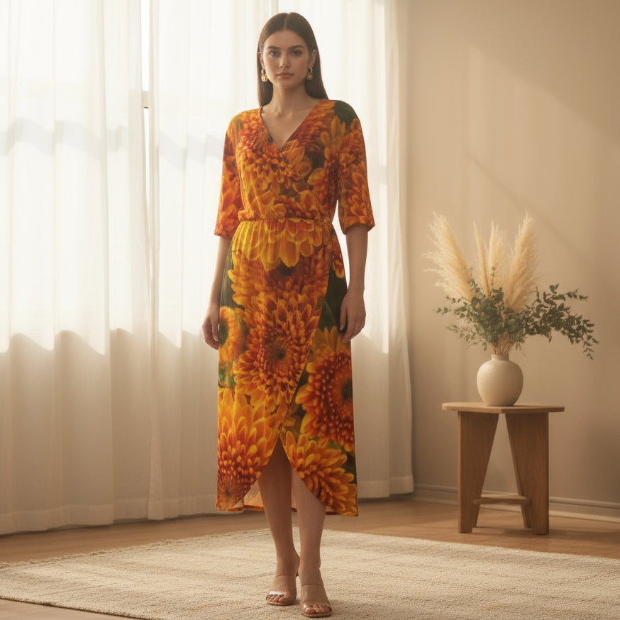 “Orange Chrysanthemum” Women's Short Sleeve V-neck Dress