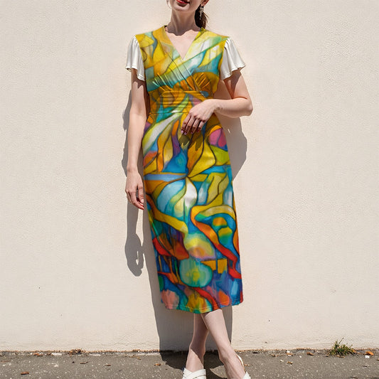 “Sunrise Stained Glass” V-Neck Flutter Sleeve Midi Dress