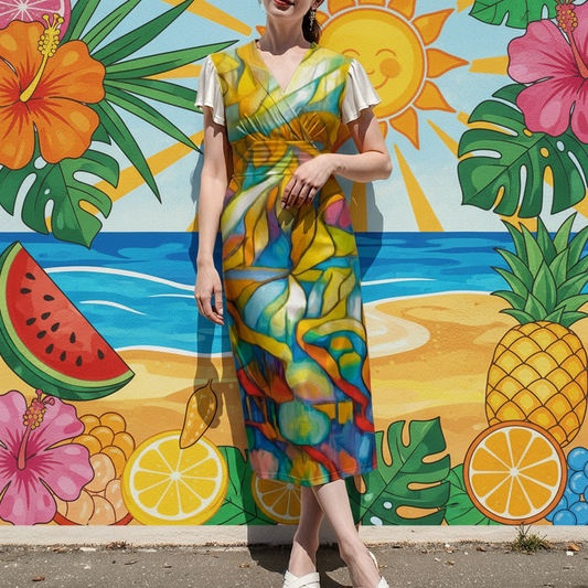 “Sunrise Stained Glass” V-Neck Flutter Sleeve Midi Dress