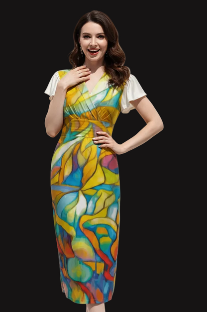 “Sunrise Stained Glass” V-Neck Flutter Sleeve Midi Dress