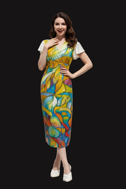 “Sunrise Stained Glass” V-Neck Flutter Sleeve Midi Dress