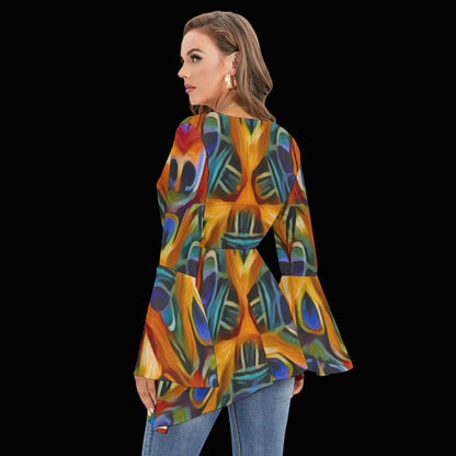 “Exotic Rhythms” Women's V-neck Blouse With Flared Sleeves