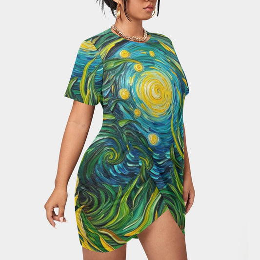 “Vincent Through the Seagrass” Women’s Stacked Hem Dress With Short Sleeve（Plus Size）
