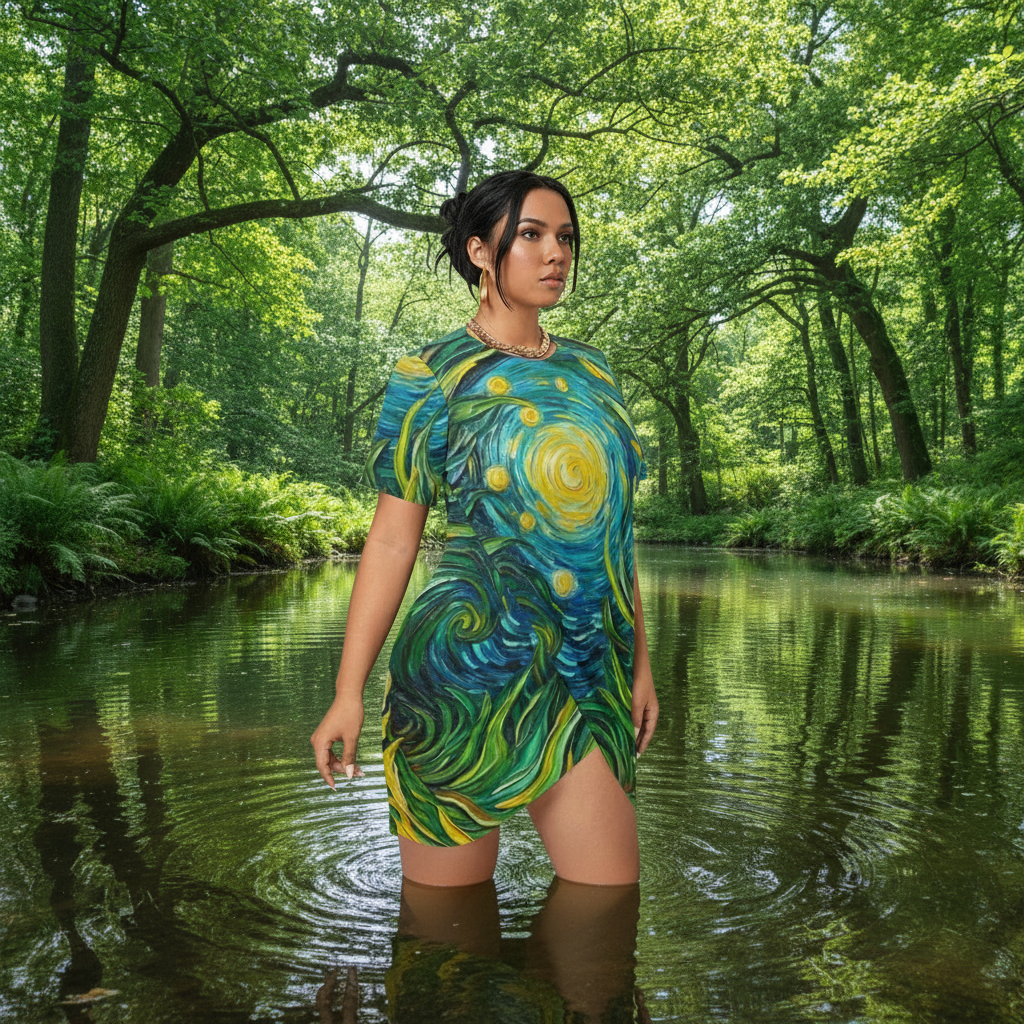 “Vincent Through the Seagrass” Women’s Stacked Hem Dress With Short Sleeve（Plus Size）