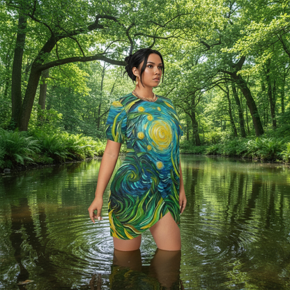 “Vincent Through the Seagrass” Women’s Stacked Hem Dress With Short Sleeve（Plus Size）