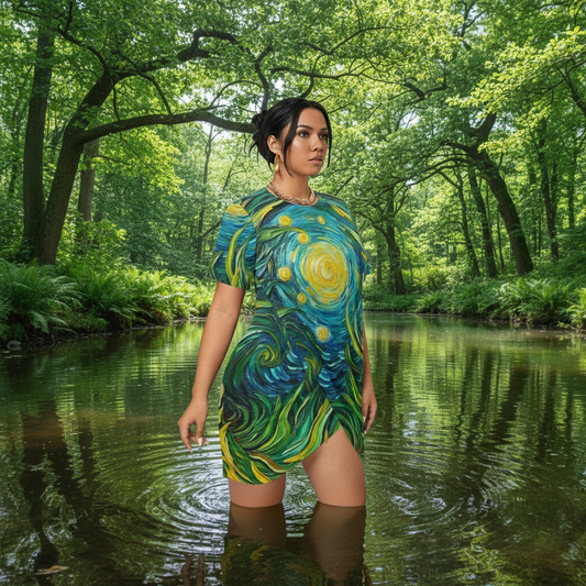 “Vincent Through the Seagrass” Women’s Stacked Hem Dress With Short Sleeve（Plus Size）