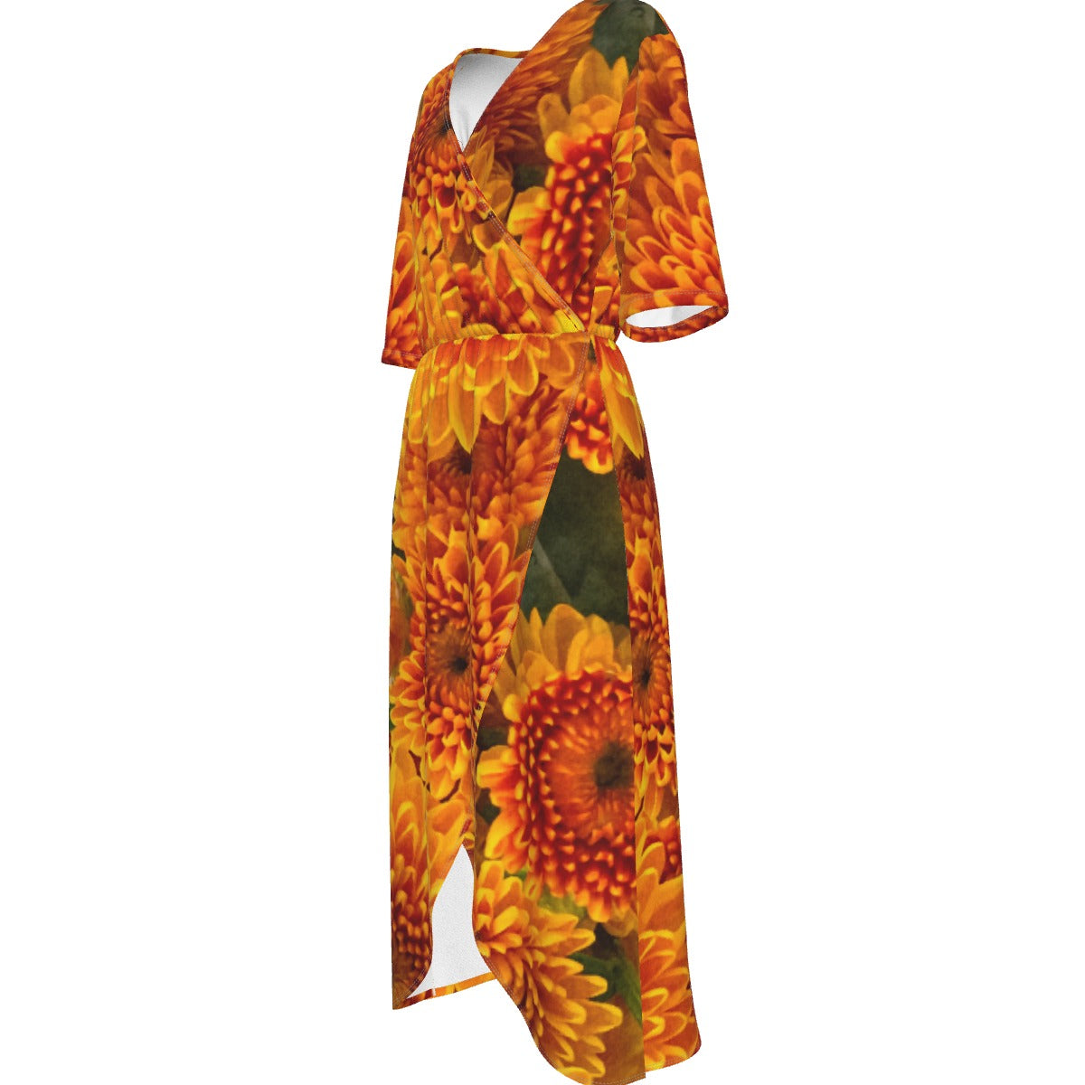 “Orange Chrysanthemum” Women's Short Sleeve V-neck Dress