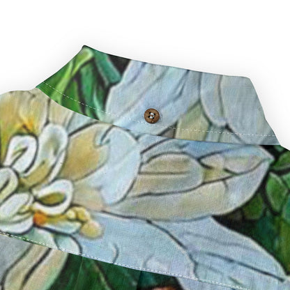 “White Floral Medley” Men's Casual Lapel Long Sleeve Shirt|125GSM Cotton