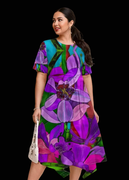 “Fantasia”  Women's Short Sleeve Belted Midi Dress