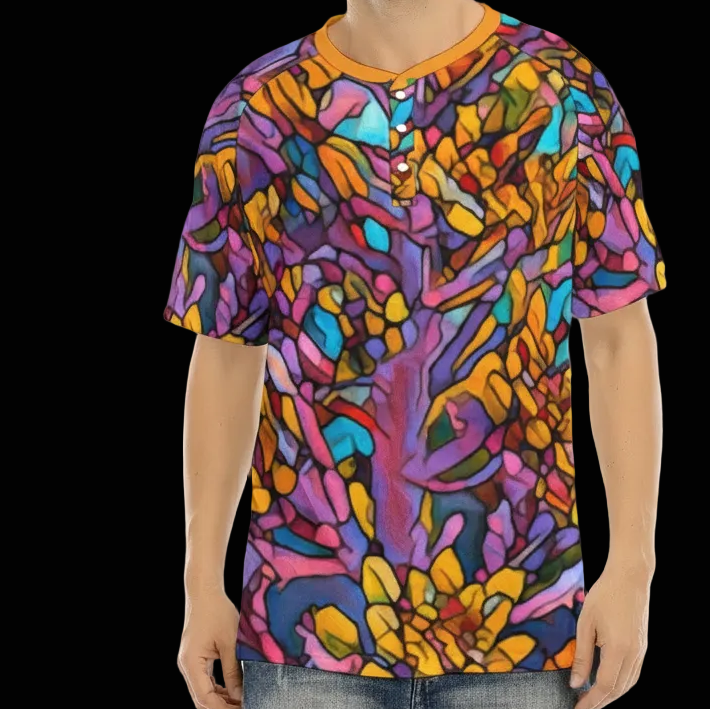 “Mosaic Pulse” Men's Raglan Sleeve T-shirt With Button Closure