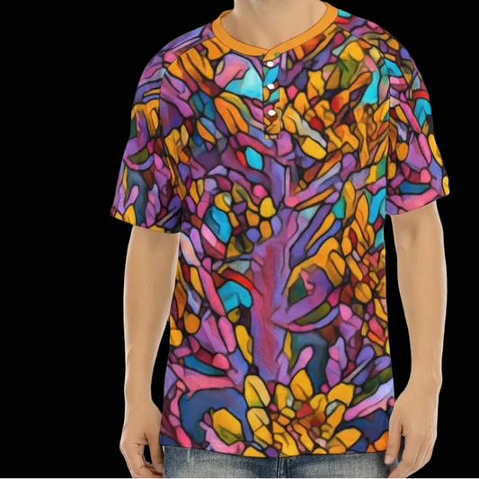 “Mosaic Pulse” Men's Raglan Sleeve T-shirt With Button Closure