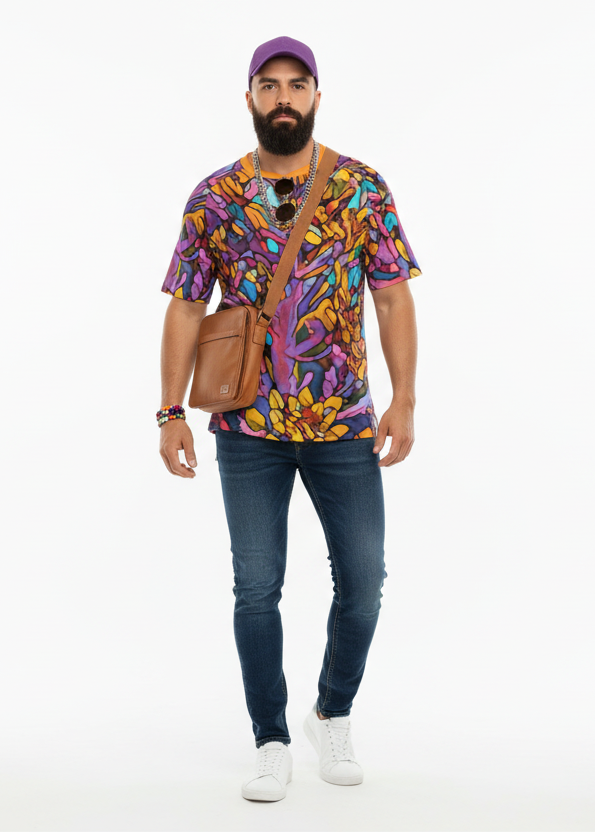 “Mosaic Pulse” Men's Raglan Sleeve T-shirt With Button Closure