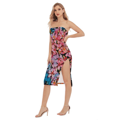 “Pink India Hawthorn” Women's Side Split Tube Top Dress