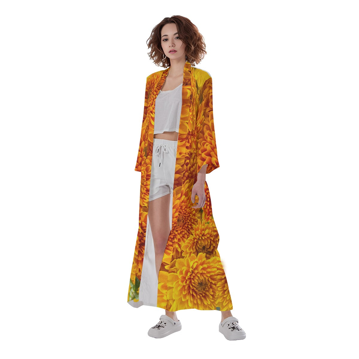 “Orange Chrysanthemum” Women's Long Satin Kimono Robe