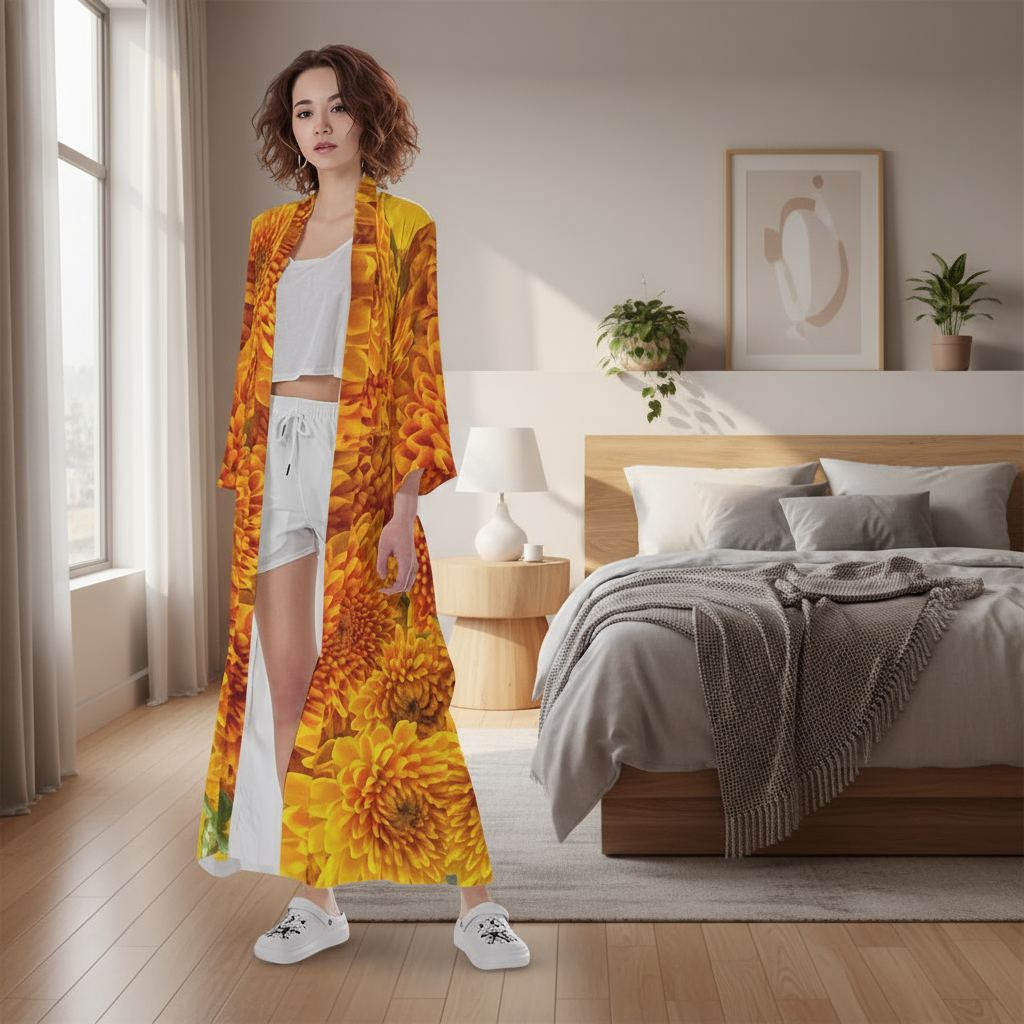 “Orange Chrysanthemum” Women's Long Satin Kimono Robe