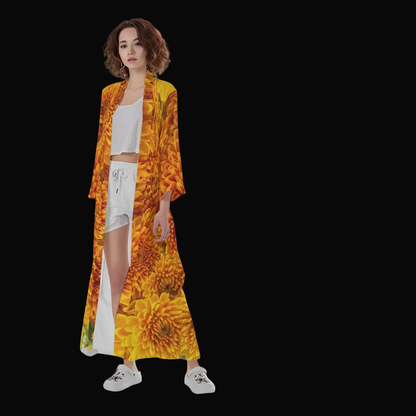 “Orange Chrysanthemum” Women's Long Satin Kimono Robe