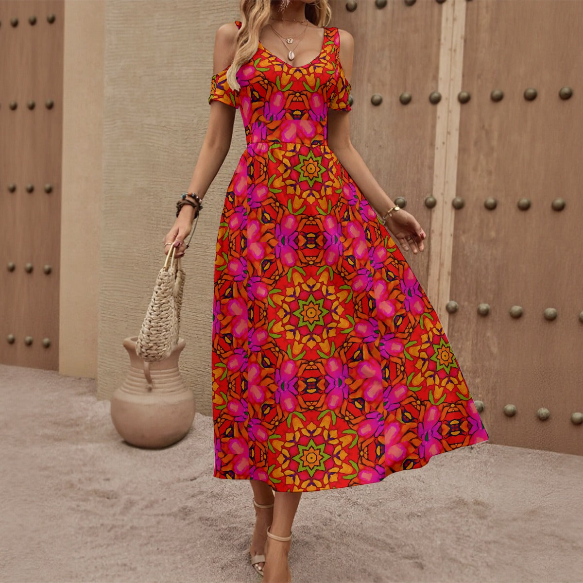 “Prismatic Petals” Women's V-neck Off-shoulder Dress