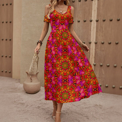 “Prismatic Petals” Women's V-neck Off-shoulder Dress